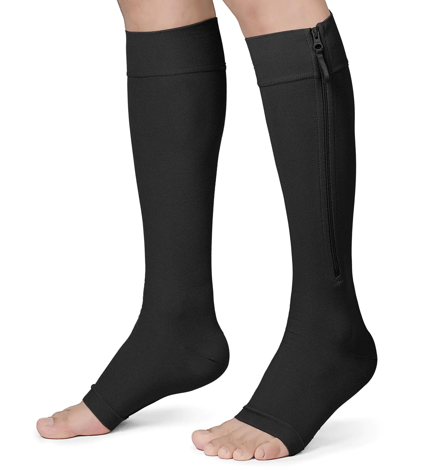 KEKING® Zipper Compression Socks for Men Women Open Toe 20-30mmHg Firm Support Knee High Zipper Compression Stockings for Wide Calf - Varicose Veins DVT Shin Splints Edema Nursing Black L