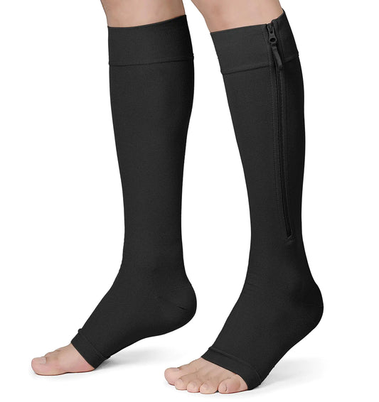 KEKING® Zipper Compression Socks for Men Women Open Toe 20-30mmHg Firm Support Knee High Zipper Compression Stockings for Wide Calf - Varicose Veins DVT Shin Splints Edema Nursing Black L